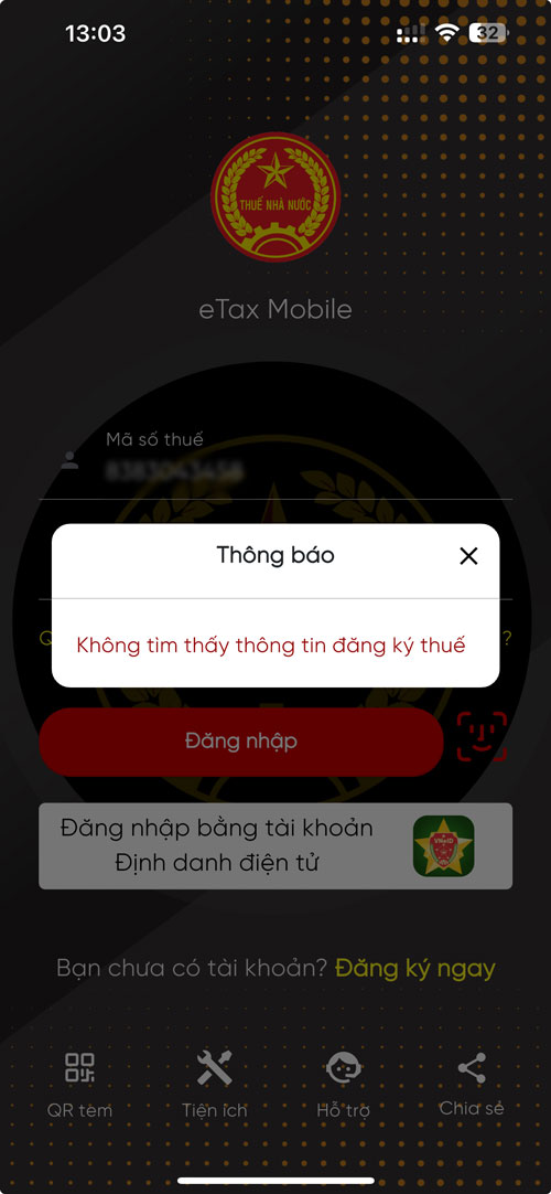 lỗi không tìm thấy thông tin đăng ký thuế khi đăng nhập eTax Mobile