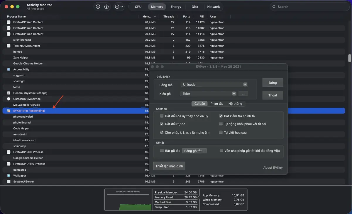 Ảnh chụp màn hình giao diện Activity Monitor Mình nhận ra EVKey không tương thích với MacOS Tahoe. Trước hết mình vào Activity Monitor để kill process của EVKey