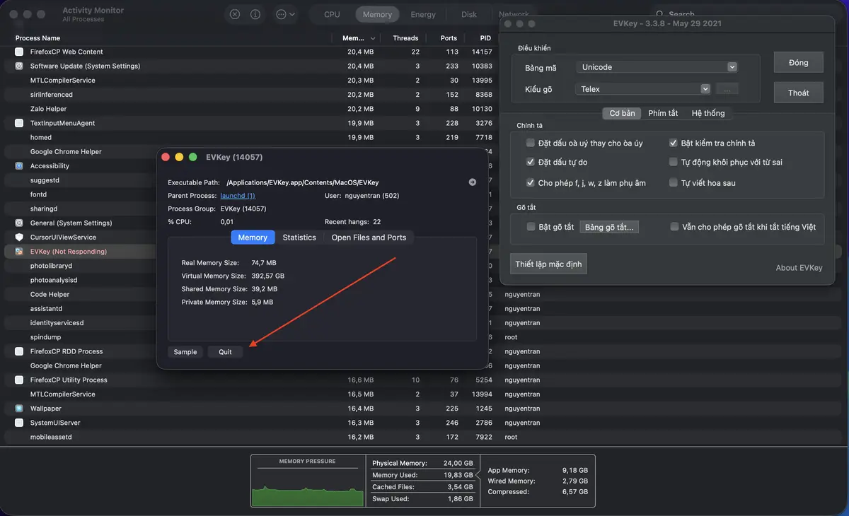 Ảnh chụp dialog Force quit thông qua Activity Monitor Double click vào dòng EVKey -> Quit -> Force Quit