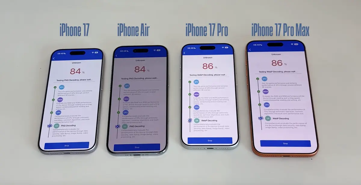 Ảnh chụp bài test Antutu Benchmark  iPhone 17, iPhone Air, iPhone 17 Pro, iPhone 17 Pro Max