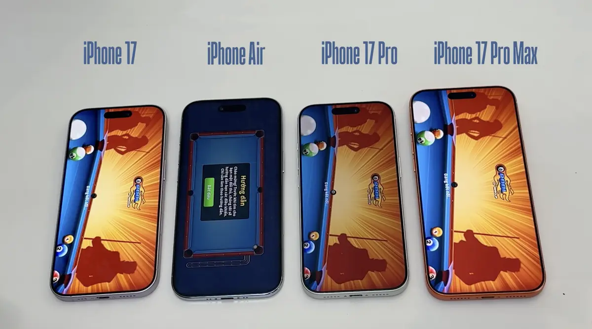 Ảnh chụp bài test mở app (game 8 Ball Pool)  iPhone 17, iPhone Air, iPhone 17 Pro, iPhone 17 Pro Max