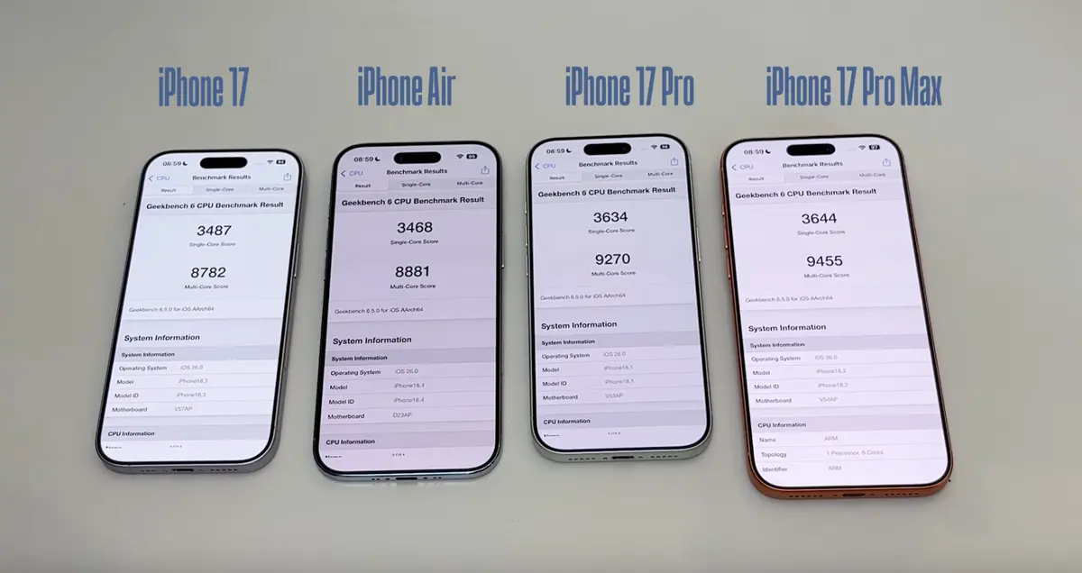 Ảnh chụp bài test CPU Benchmark  iPhone 17, iPhone Air, iPhone 17 Pro, iPhone 17 Pro Max