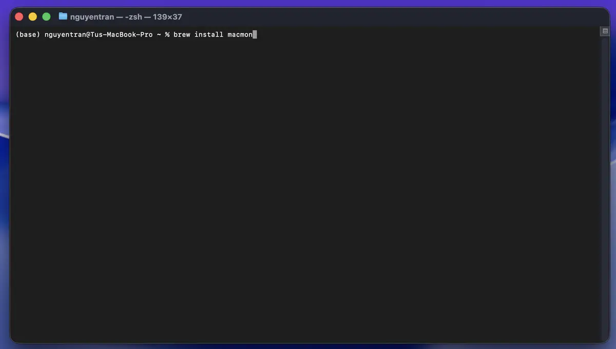 Ảnh screenshot terminal brew install macmon
Để cài đặt macmon rất đơn giản, bạn chỉ cần mở terminal lên rồi gõ lệnh brew install macmon
Nếu macbook của bạn chưa có brew thì...