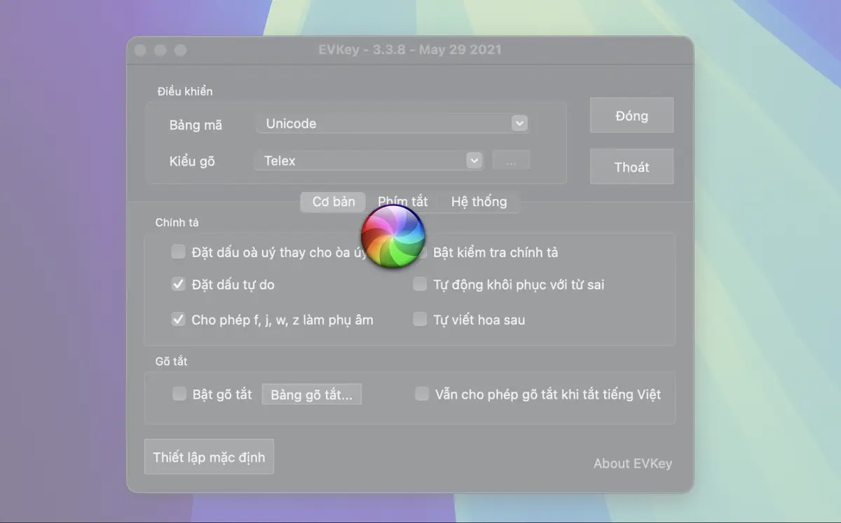 Ảnh chụp màn hình EVKey bị treo trên MacOS. Sau khi nâng cấp thành công lên MacOS Tahoe, mình phát hiện EVKey bị treo, bảng điều khiển bị đơ hoàn toàn