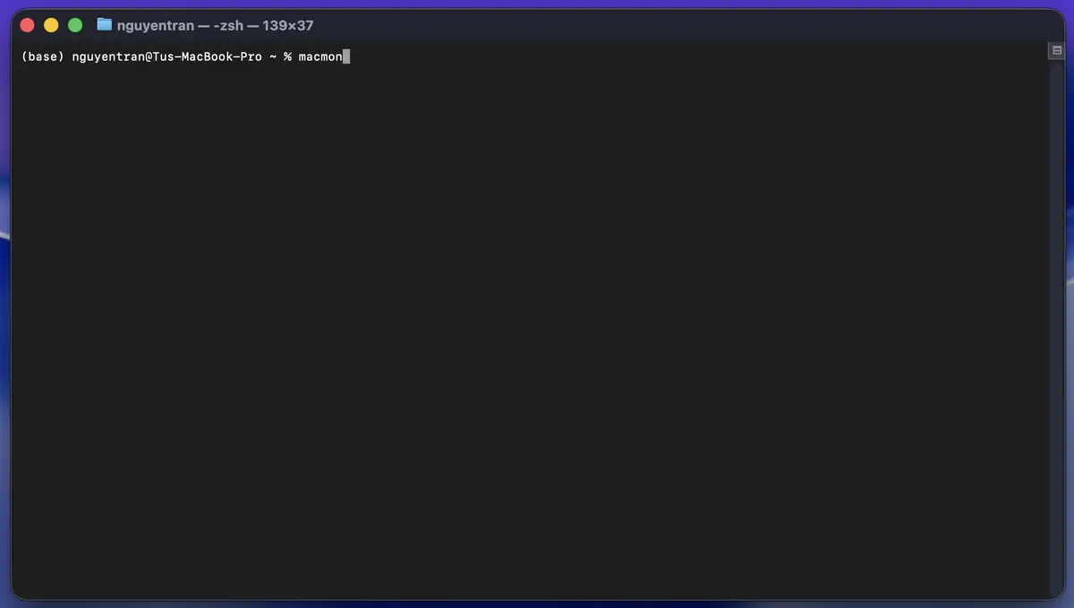 Screenshot terminal gõ lệnh macmon
Sau khi chạy xong lệnh cài brew thì gõ lệnh macmon