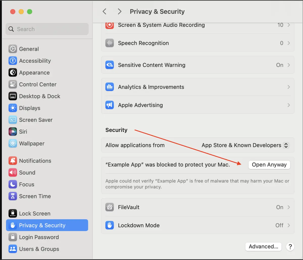 Giao diện hộp thoại Privacy & Security để Open Anyway app OpenKey nếu bị MacOS chặn