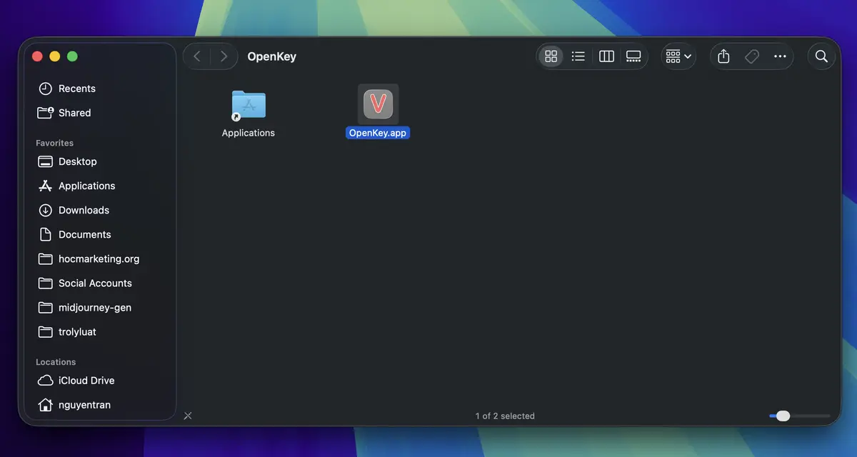 Giao diện hộp thoại cài đặt OpenKey (File .dmg) Mở file đã tải về (file .dmg) -> Kéo file OpenKey.app vào Folder Applications