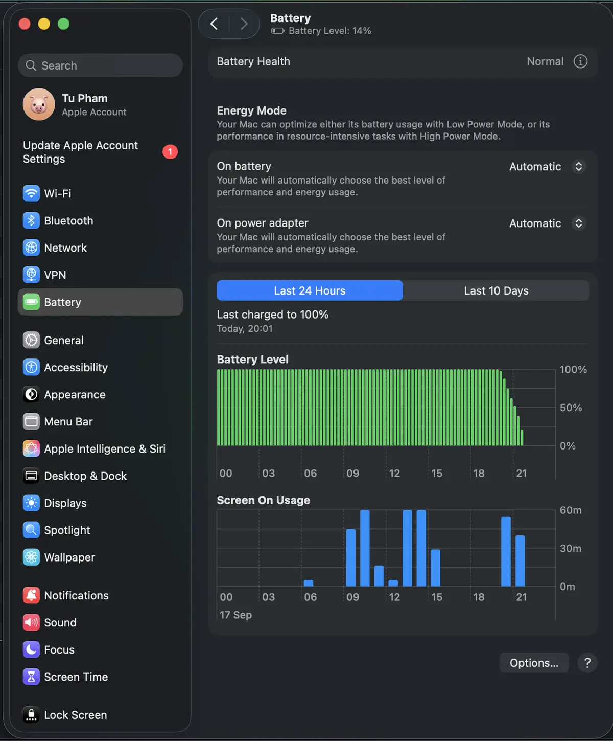 Ảnh chụp m&agrave;n h&igrave;nh Battery Setting cho thấy pin tuột về dưới 15% chỉ trong v&ograve;ng hơn 1 tiếng sử dụng. C&aacute;c ứng dụng m&igrave;nh mở bao gồm 2 cửa sổ VSCode, Chrome (hơn 10 tab, c&oacute; 1 tab video livestream), FireFox (5 tab), terminal, Photoshop  B&igrave;nh thường nhi&ecirc;u đ&acirc;y m&igrave;nh sử dụng cũng phải tầm 3 - 4 tiếng li&ecirc;n tục th&igrave; pin mới về dưới 20%