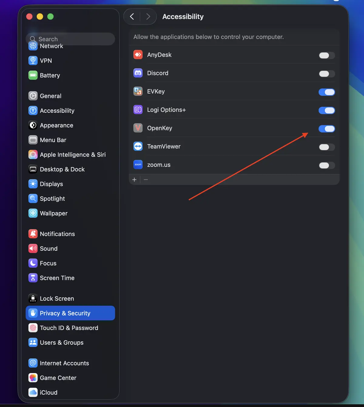 Giao diện hộp thoại Privacy & Security -> Accessibility Sau khi đã chạy app OpenKey thì vào System Preferences -> Privacy & Security -> Accessibility rồi bật quyền truy cập cho OpenKey Sau bước này thì bạn có thể gõ Tiếng Việt bình thường