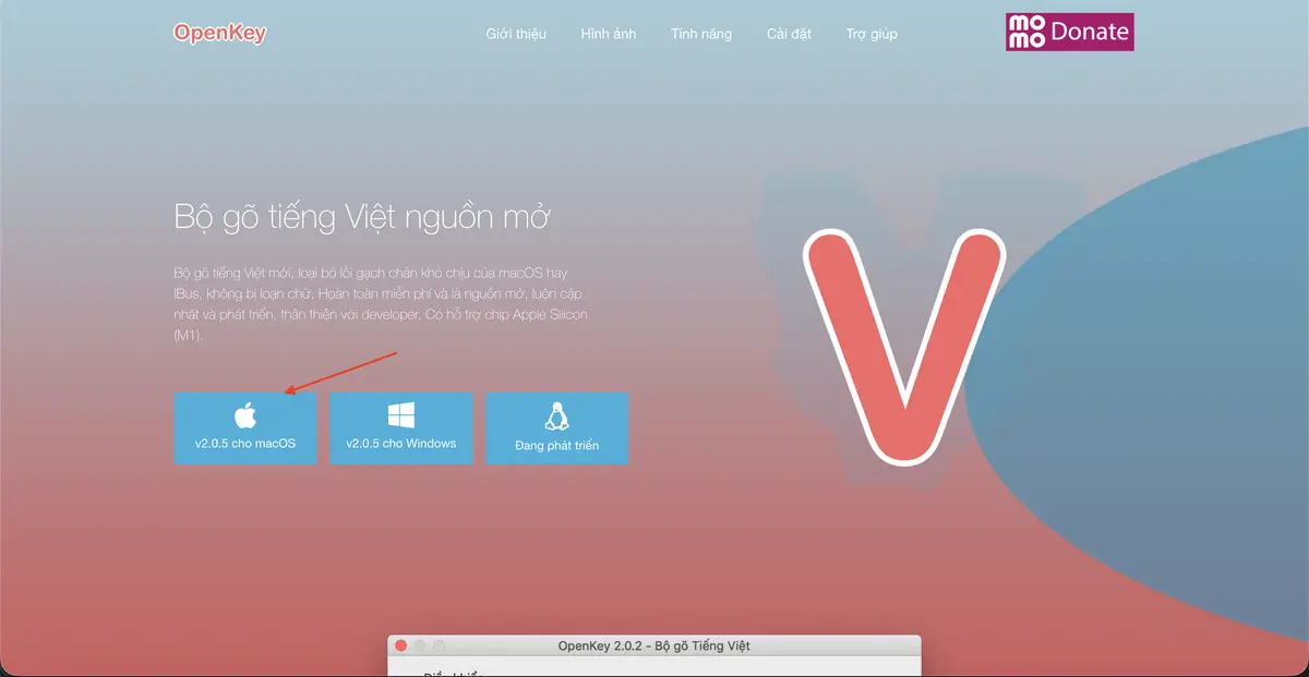 Giao diện trang chủ OpenKey Vào https://open-key.org/ -> Chọn Download v.2.0.5 cho MacOS