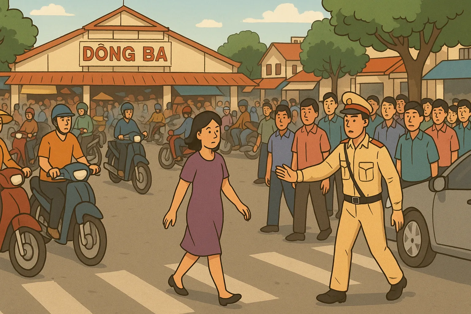 Chị Lan sang đường gần chợ mà không ra hiệu