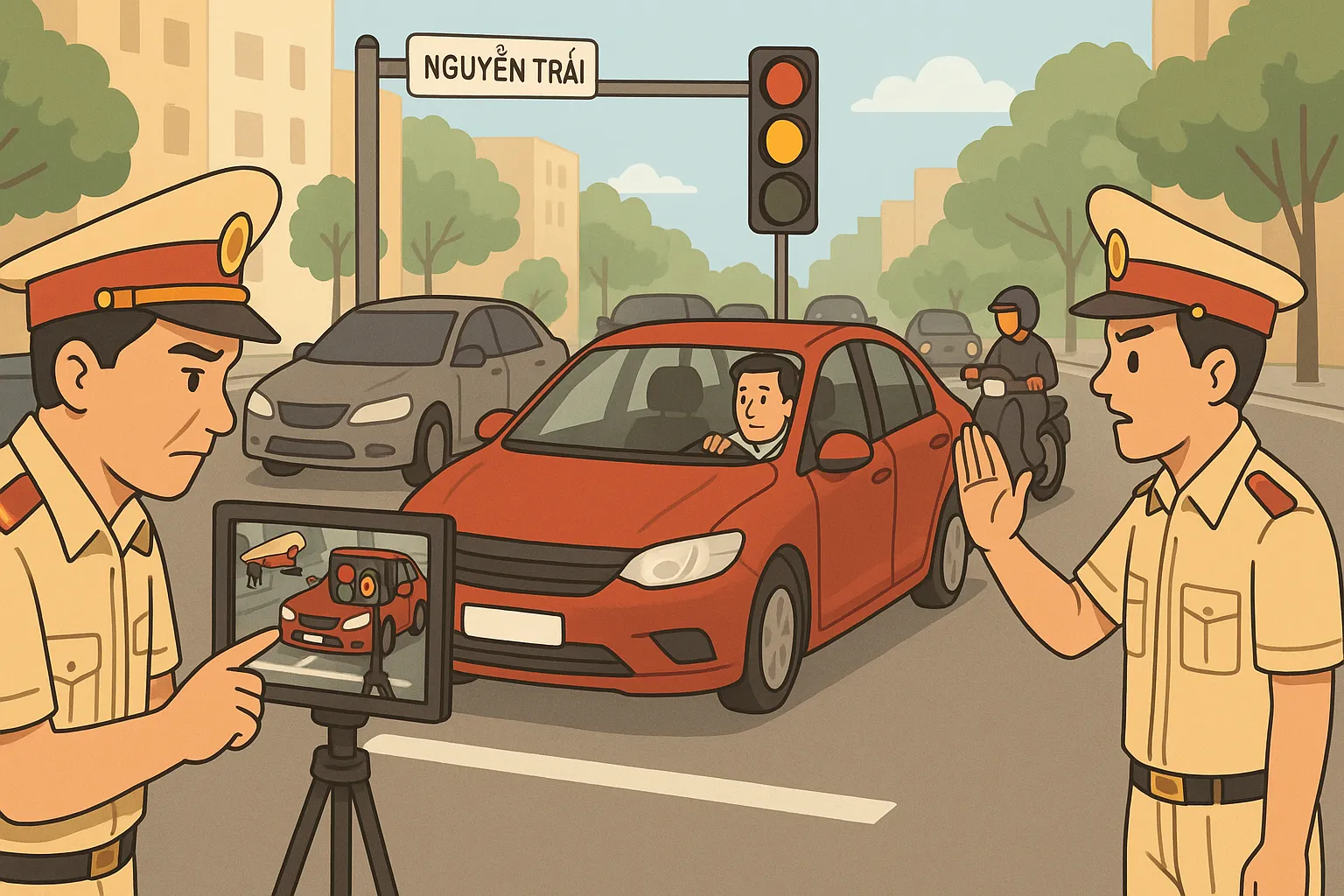 Tài xế vượt nhẹ qua vạch dừng tại giao lộ đông phương tiện