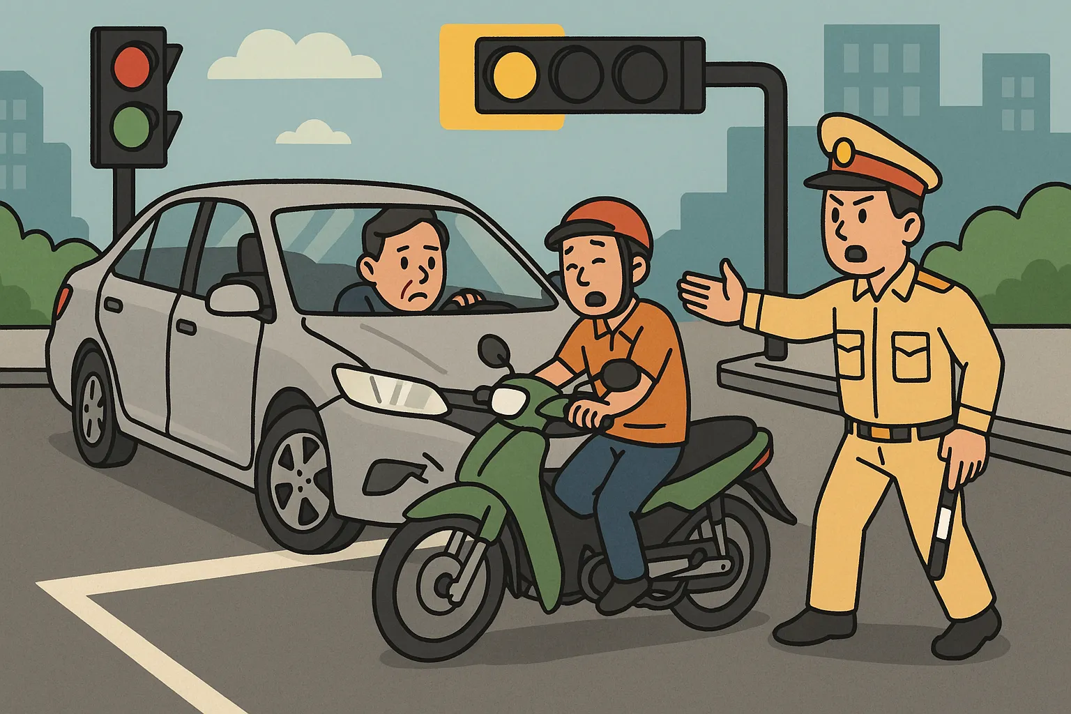 Tài xế đè vạch dừng và va chạm với xe máy đang lưu thông