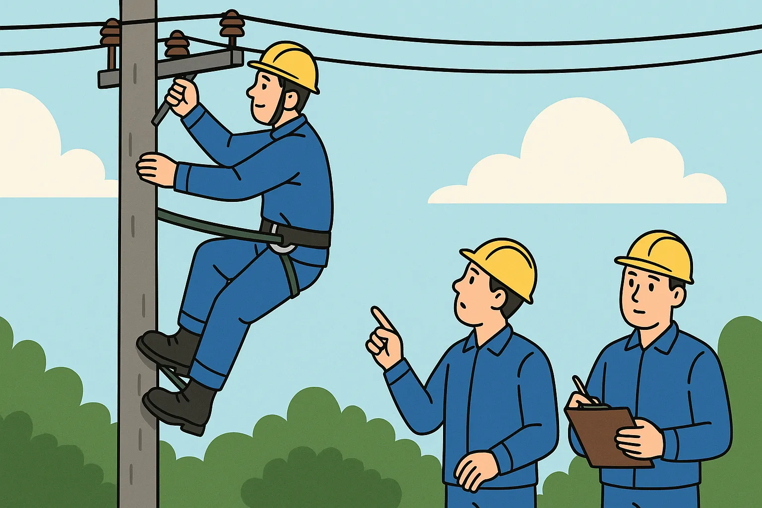 Anh Nam được trang bị giày cách điện khi làm việc trên cao