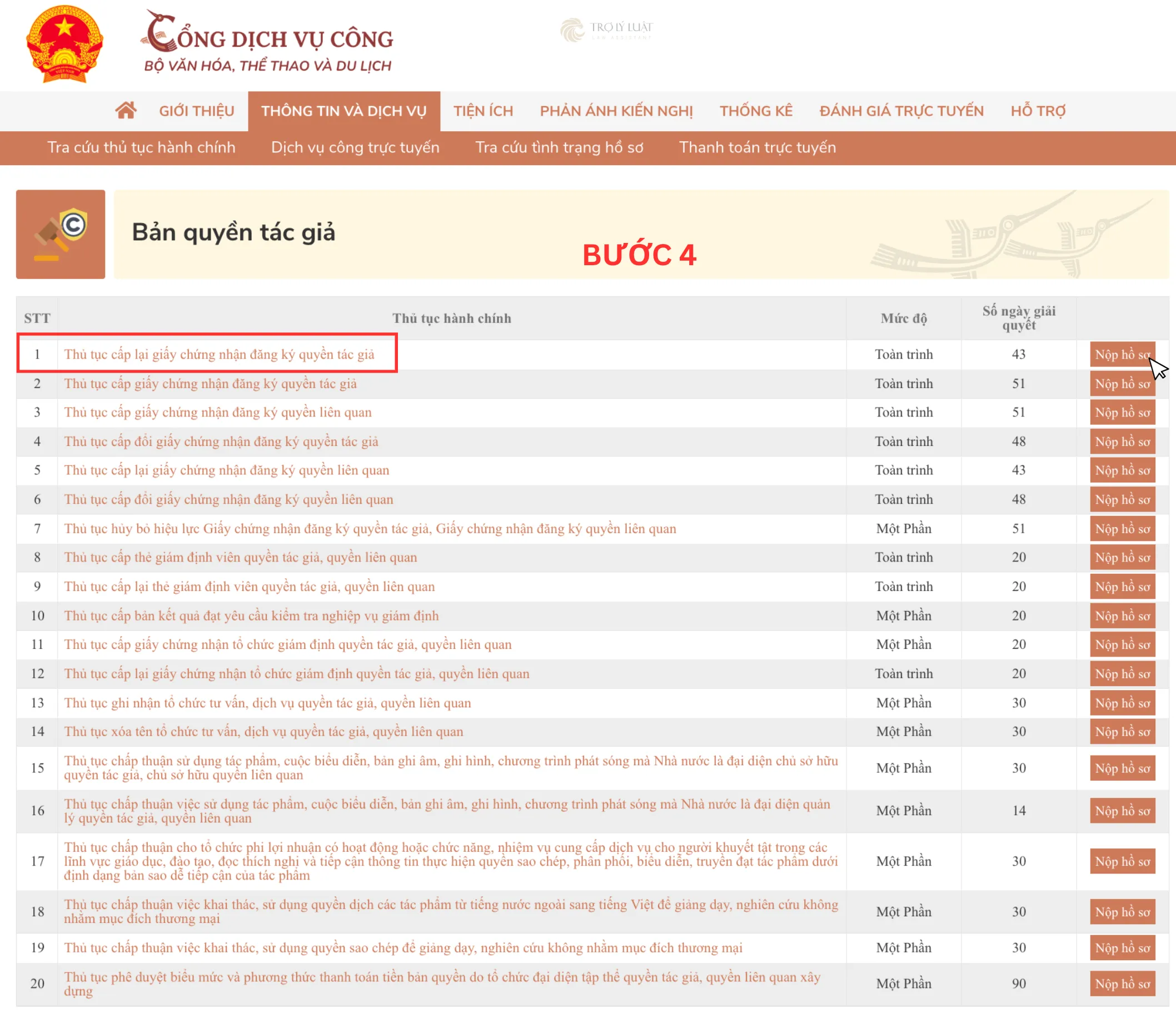 Bước 4. Chọn thủ tục cần thực hiện