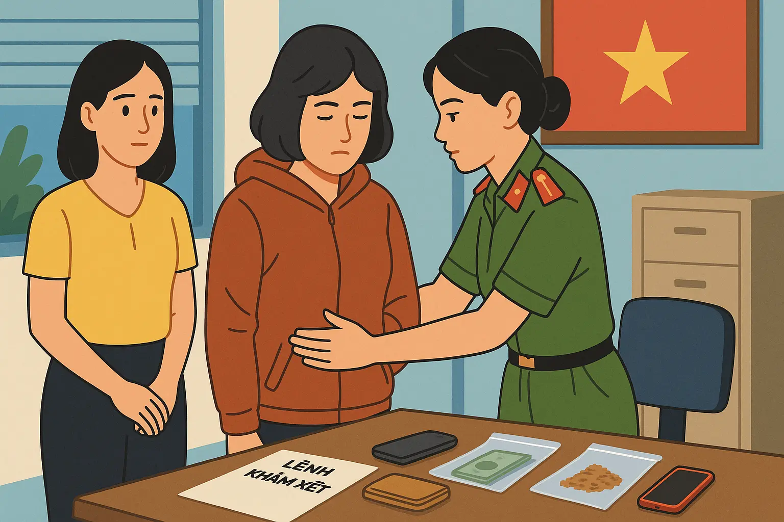 Thủ tục khám xét được thực hiện đúng trình tự, đảm bảo quyền của người bị khám  Trước khi tiến hành khám xét, cán bộ thi hành nhiệm vụ đã công bố rõ lệnh khám xét, cho Quỳnh xem trực tiếp và giải thích đầy đủ quyền và nghĩa vụ theo quy định của Bộ luật Tố tụng hình sự. Quỳnh được yêu cầu giao nộp toàn bộ vật dụng liên quan đến vụ án, nhưng chỉ giao nộp một phần.