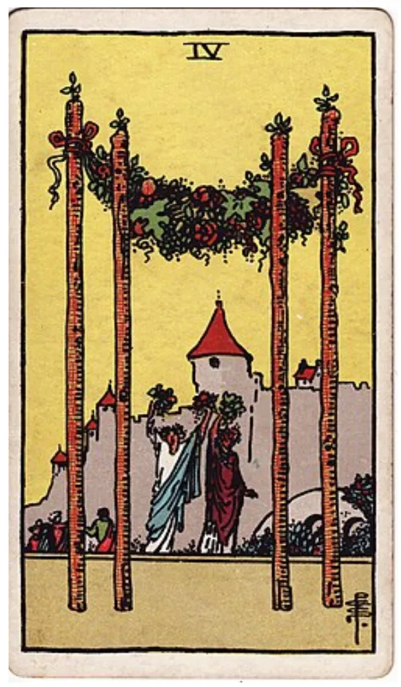 Những chi tiết trong lá bài Four of Wands thể hiện điều gì?