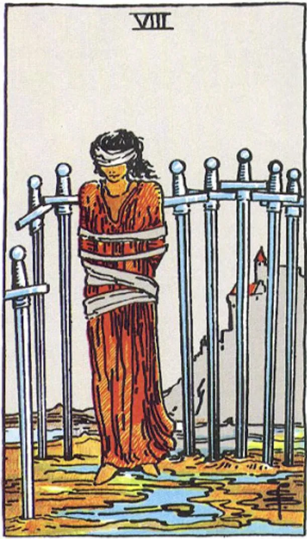 Những chi tiết trong lá bài Eight of Swords thể hiện điều gì?