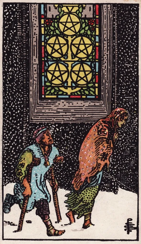 Những chi tiết trong lá bài Five of Pentacles thể hiện điều gì?