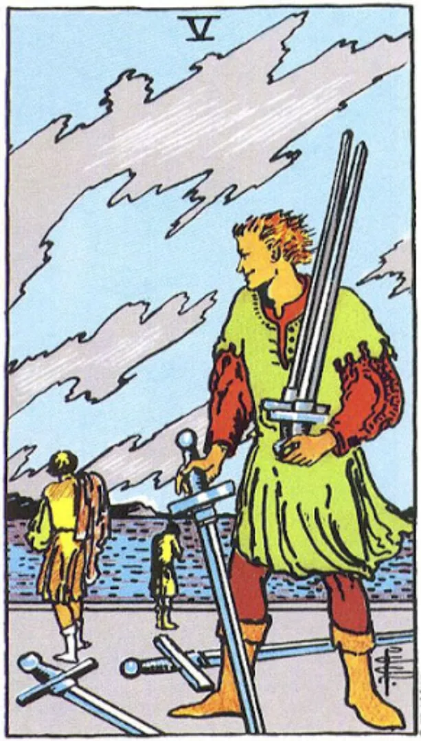 Những chi tiết trong lá bài Five of Swords thể hiện điều gì?