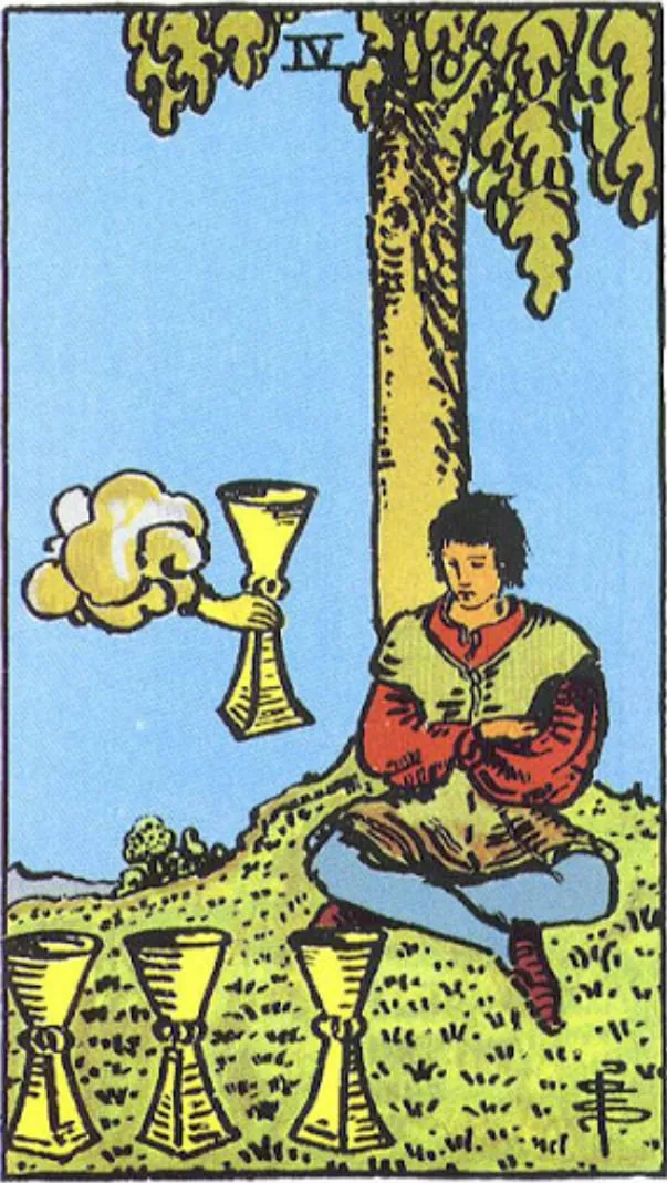 Những chi tiết trong lá bài Four of Cups thể hiện điều gì?
