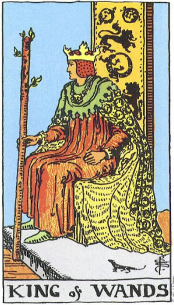 Những chi tiết trong lá bài King of Wands thể hiện điều gì?