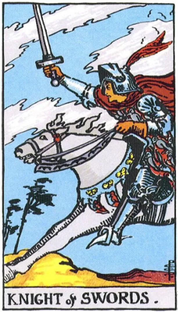 Những chi tiết trong lá bài Knight of Swords thể hiện điều gì?