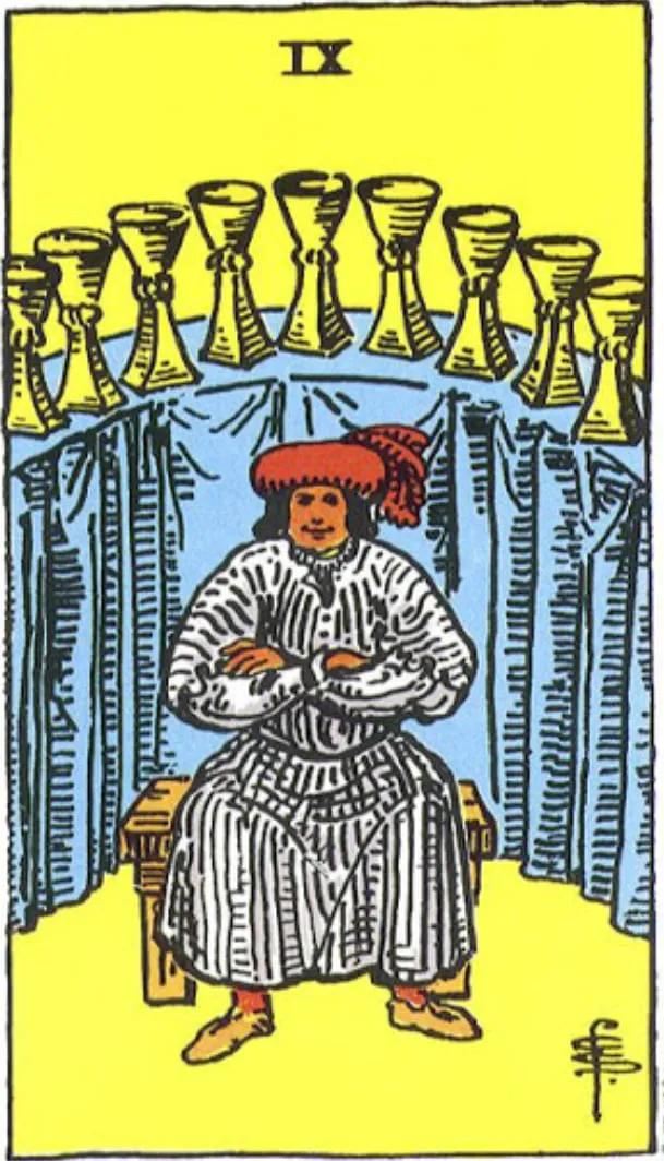 Những chi tiết trong lá bài Nine of Cups thể hiện điều gì?