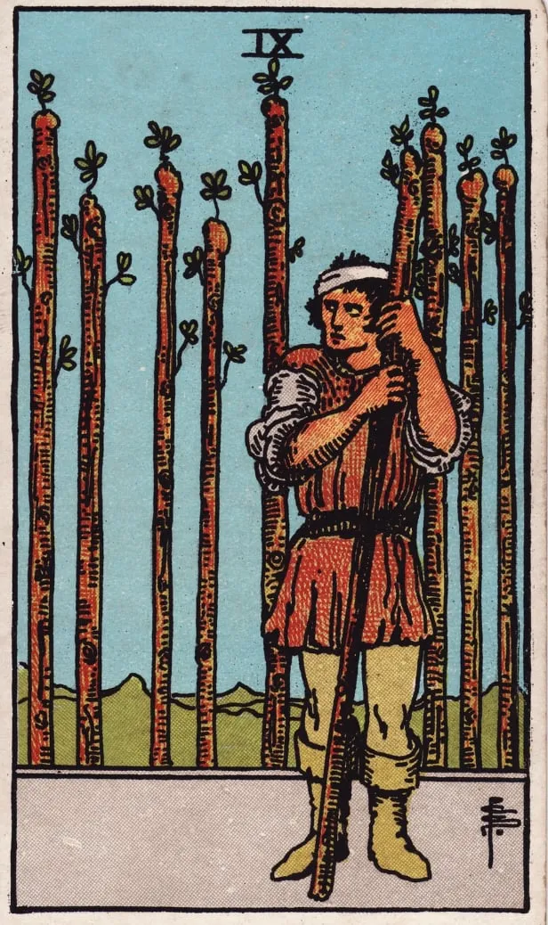 Những chi tiết trong lá bài Nine of Wands thể hiện điều gì?