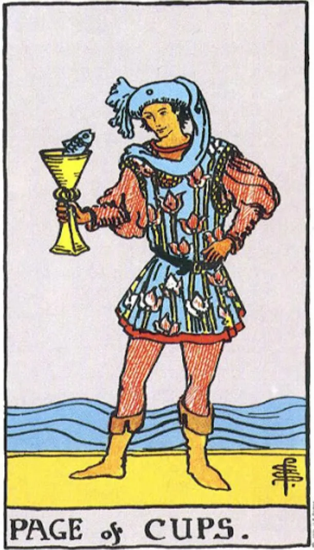 Những chi tiết trong lá bài Page of Cups thể hiện điều gì?