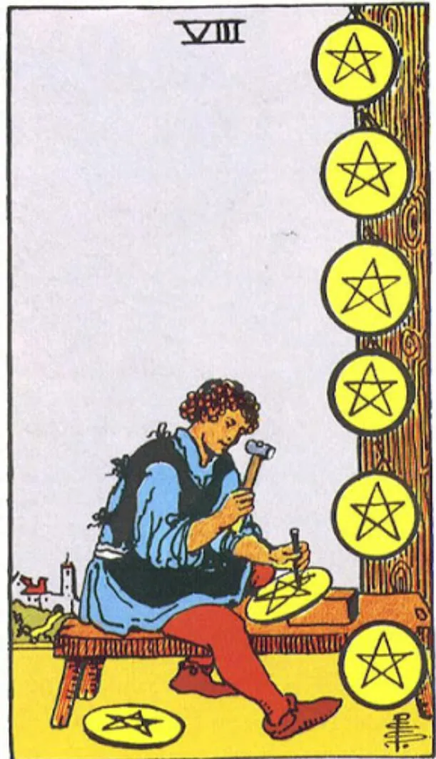 Những chi tiết trong lá bài Eight of Pentacles thể hiện điều gì?