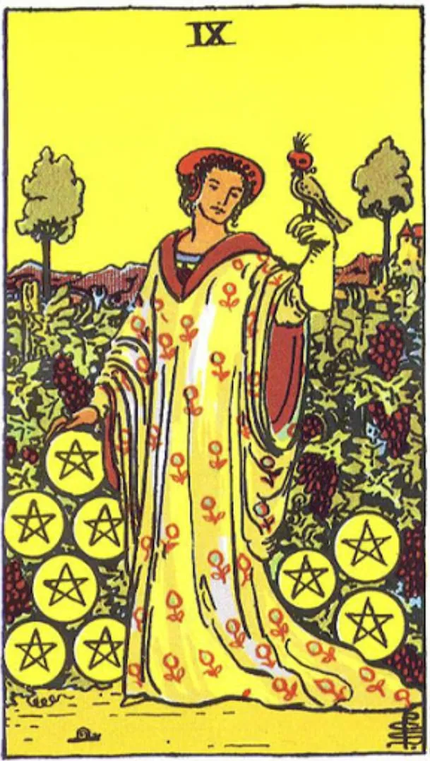 Những chi tiết trong lá bài Nine of Pentacles thể hiện điều gì?