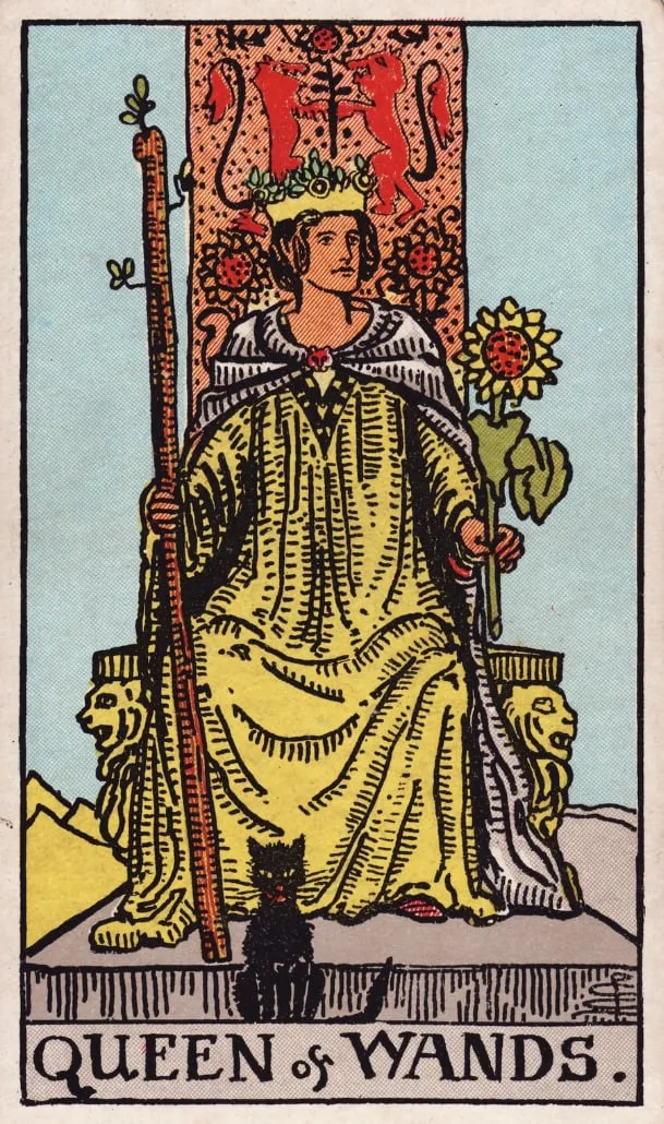 Những chi tiết trong lá bài Queen of Wands thể hiện điều gì?