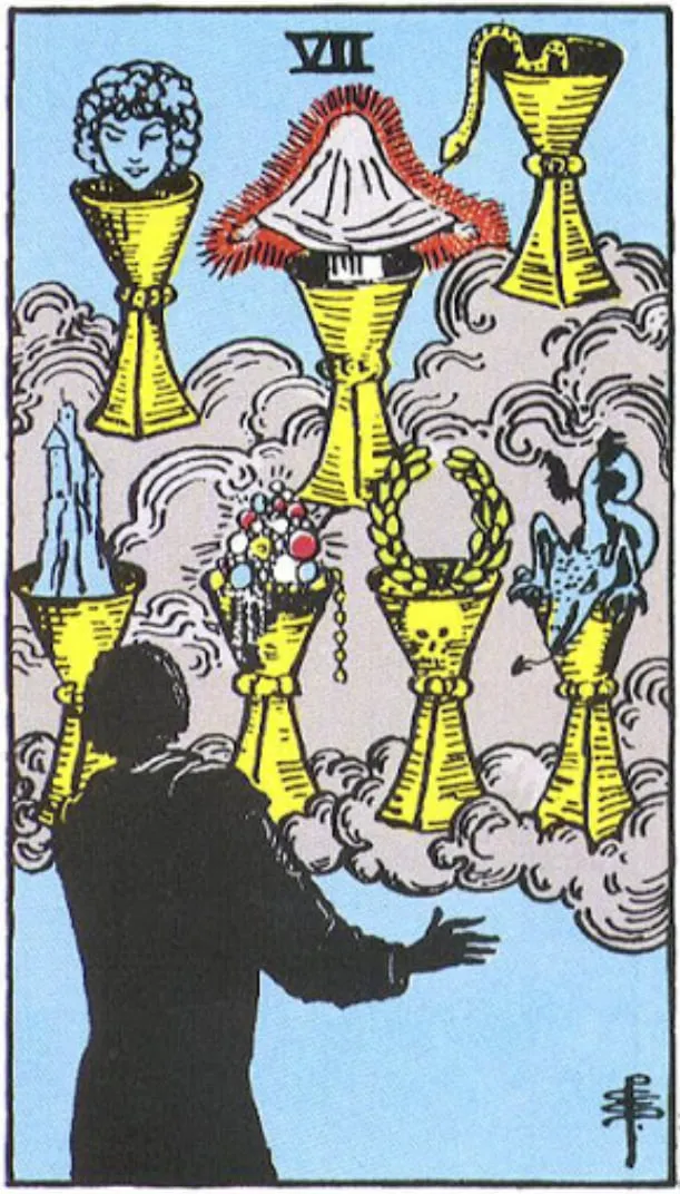 Những chi tiết trong lá bài Seven of Cups thể hiện điều gì?