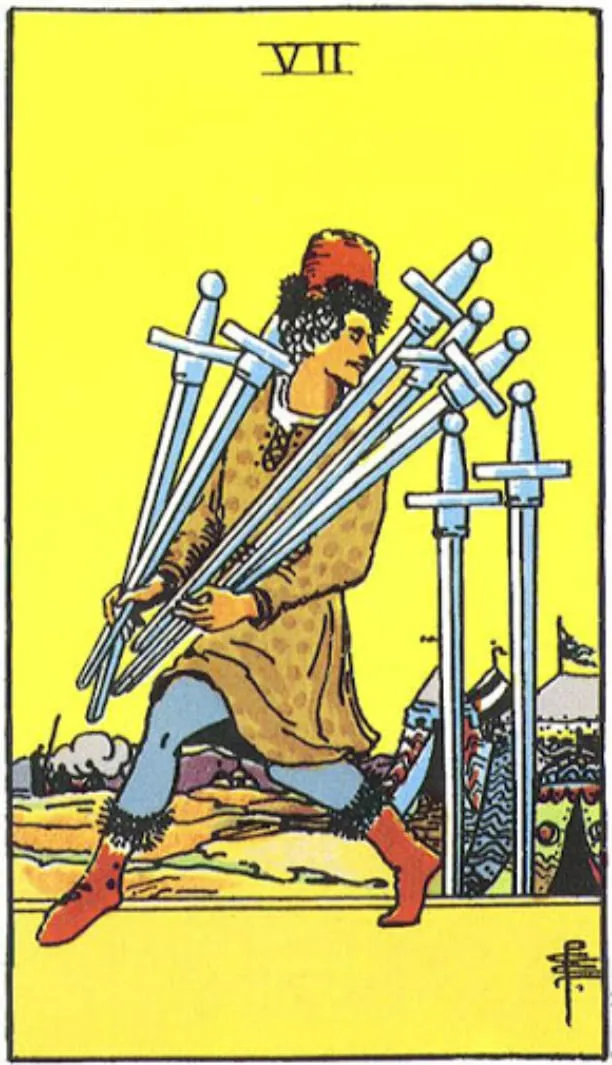 Những chi tiết trong lá bài Seven of Swords thể hiện điều gì?