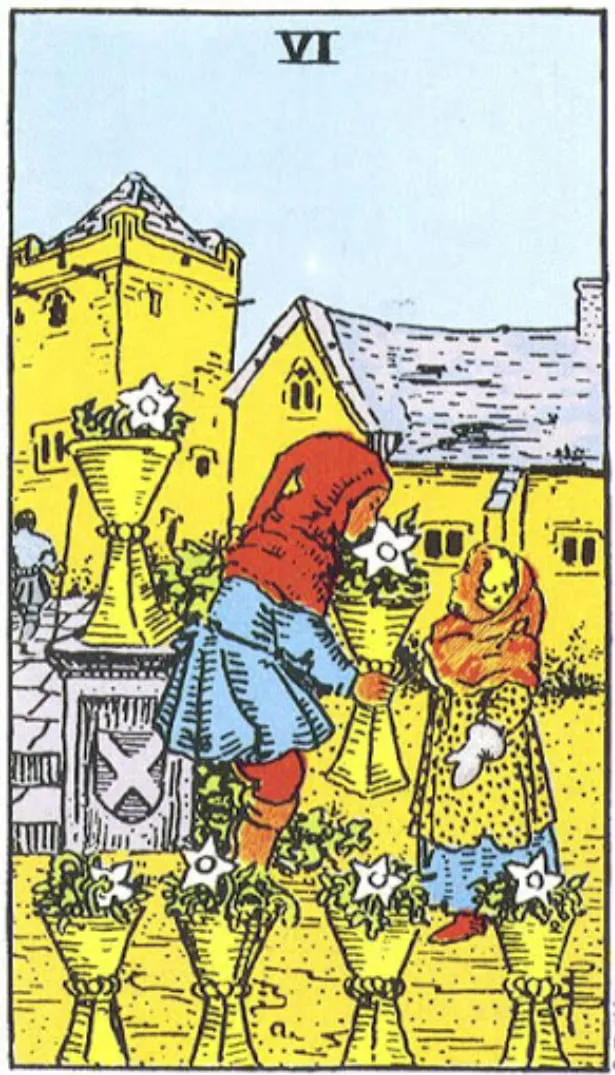 Những chi tiết trong lá bài Six of Cups thể hiện điều gì?