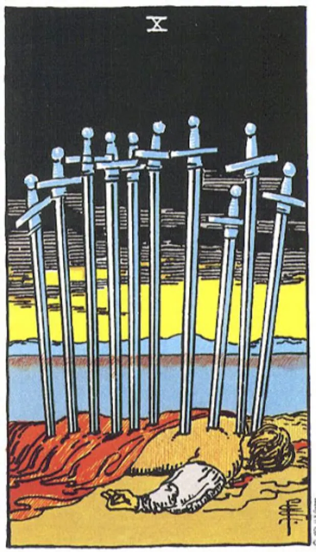 Những chi tiết trong lá bài Ten of Swords thể hiện điều gì?