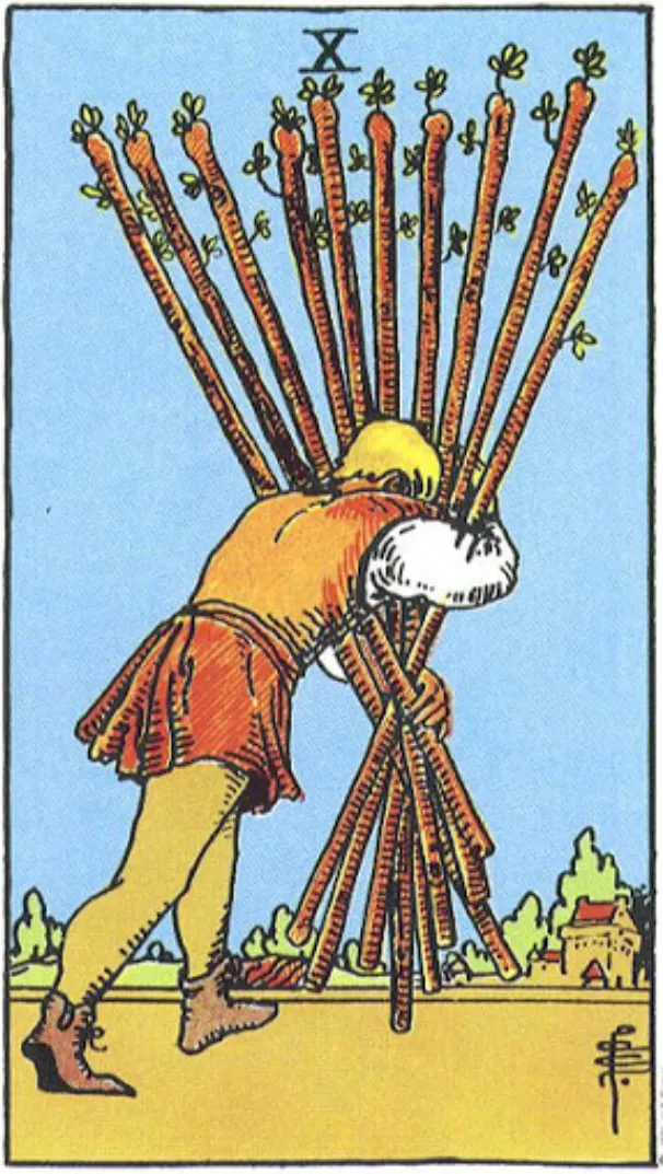 Những chi tiết trong lá bài Ten of Wands thể hiện điều gì?