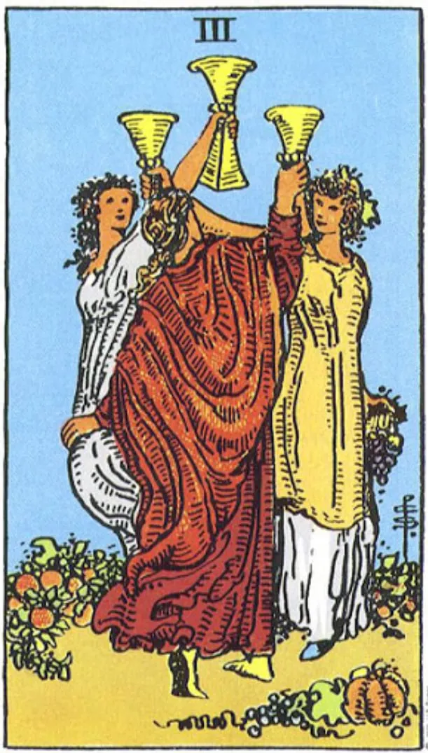 Những chi tiết trong lá bài Three of Cups thể hiện điều gì?