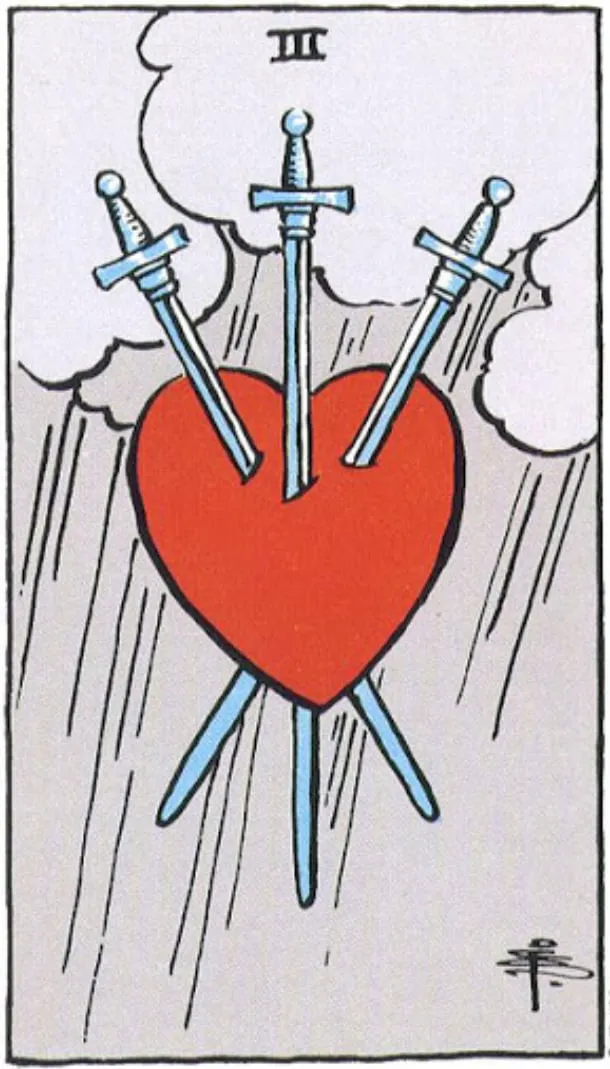 Những chi tiết trong lá bài Three of Swords thể hiện điều gì?