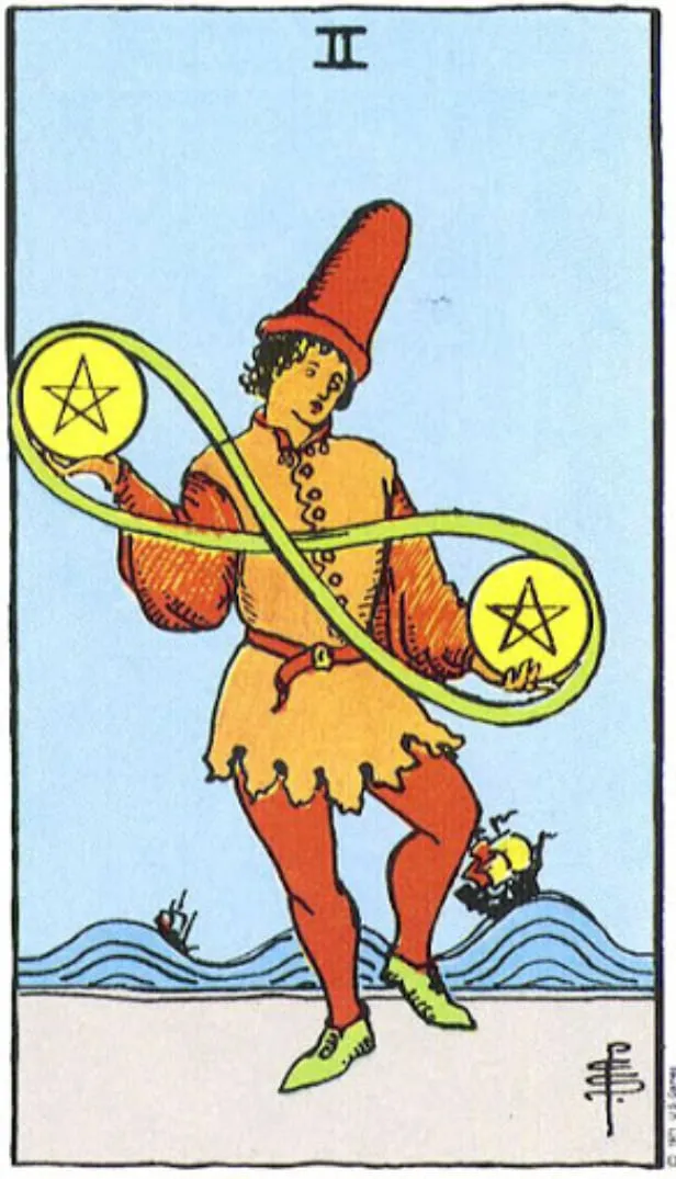 Những chi tiết trong lá bài Two of Pentacles thể hiện điều gì?