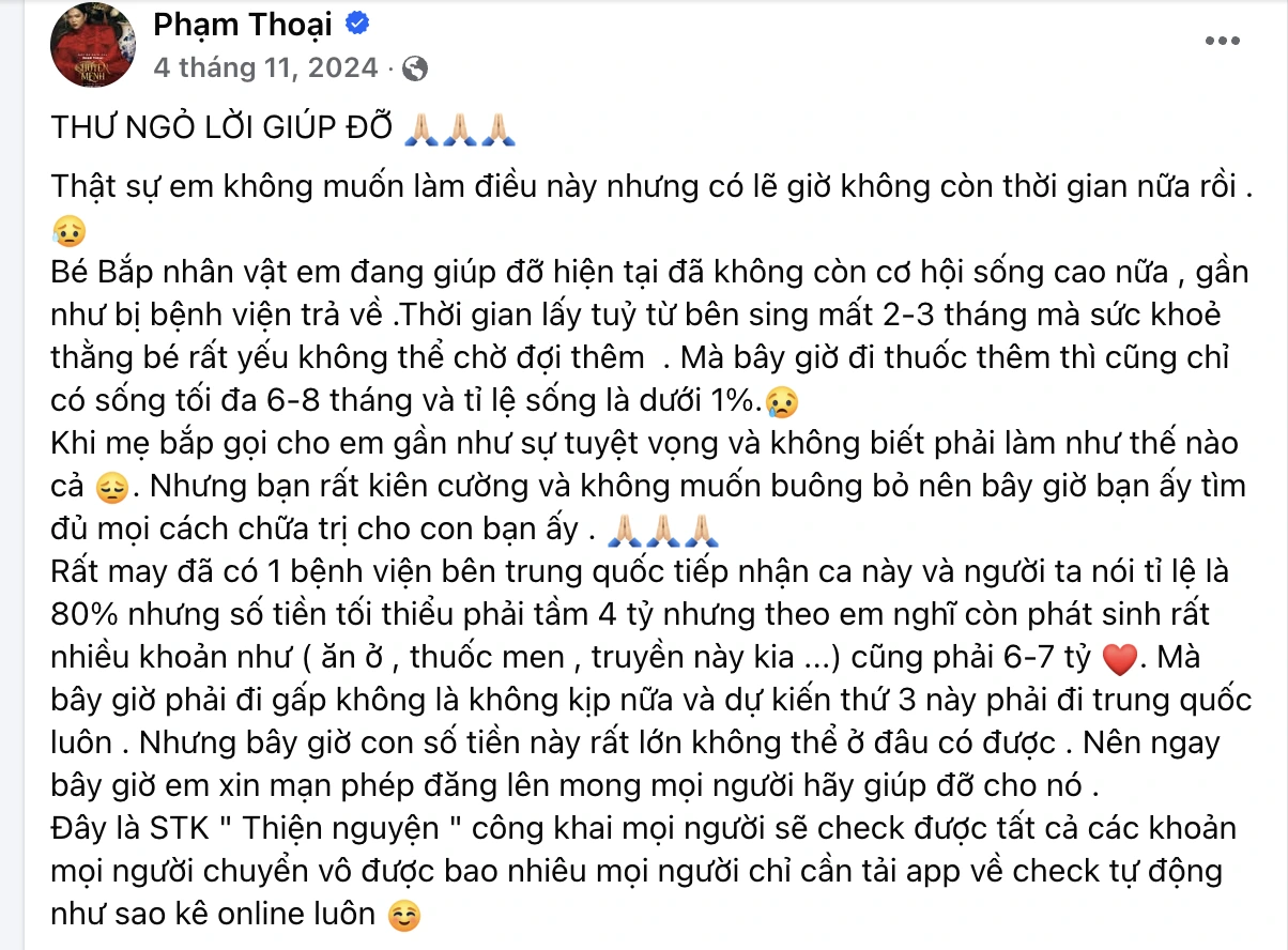 Phạm Thoại kêu gọi từ thiện