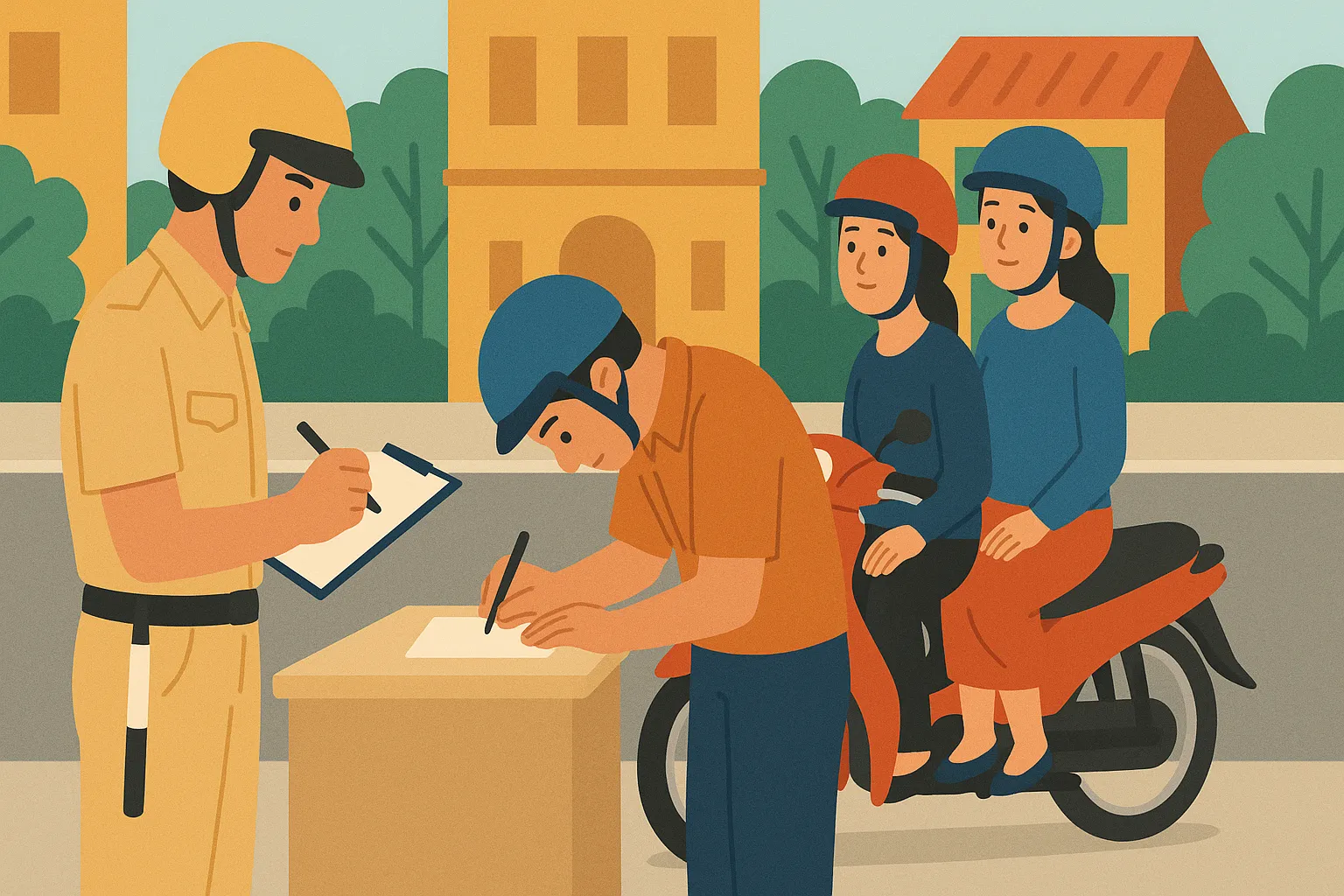 Người lái xe chở 3 người trên đường phố