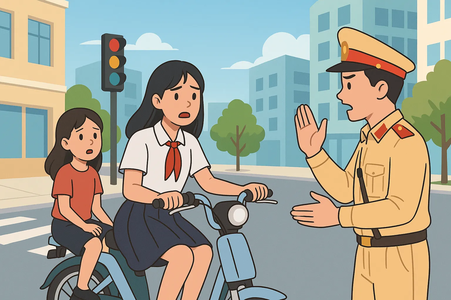 Tình huống giả định - Ngồi sau xe đạp điện có bắt buộc đội mũ bảo hiểm không? 