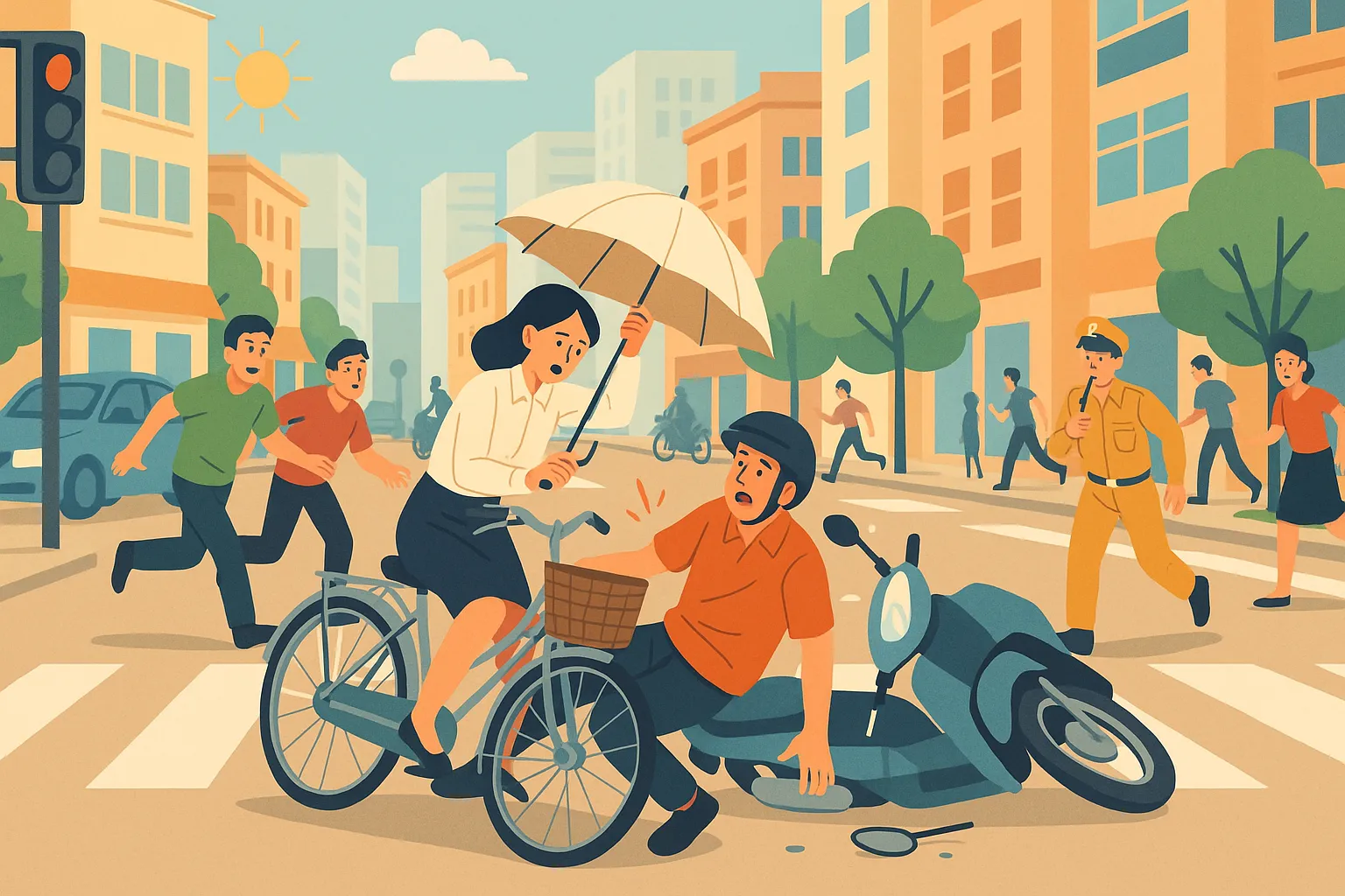 Người điều khiển xe đạp vừa cầm ô vừa chạy có bị phạt không?