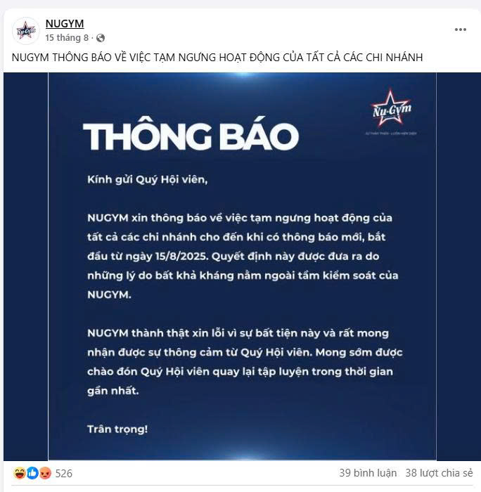 Nugym thông báo tạm ngừng hoạt động