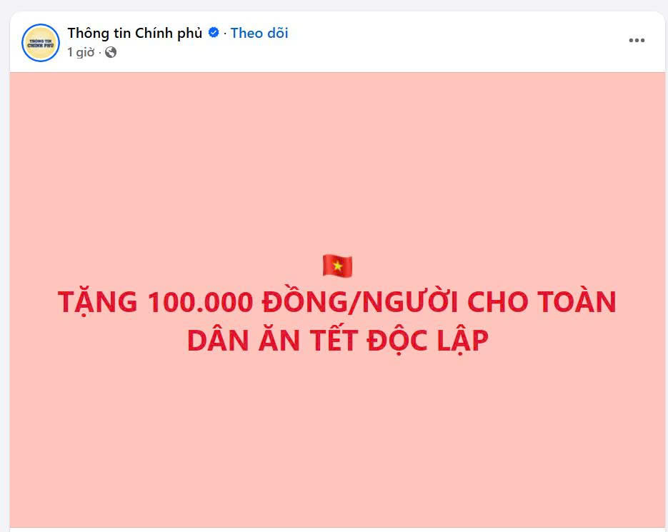 Nhà nước phát quà 100.000 đồng dịp Lễ Quốc khánh 2/9/2025 có thật hay không?