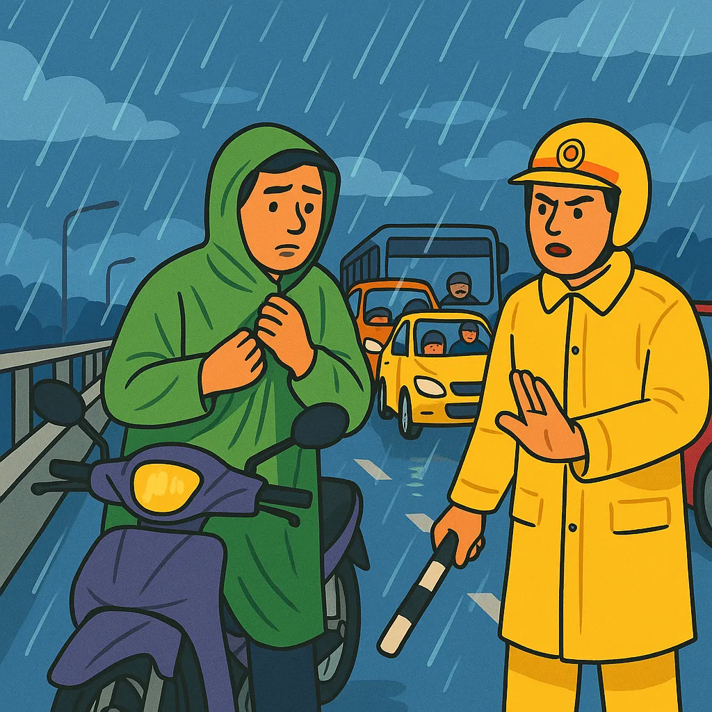 Dừng xe trên cầu mặc áo mưa có vi phạm pháp luật không?
