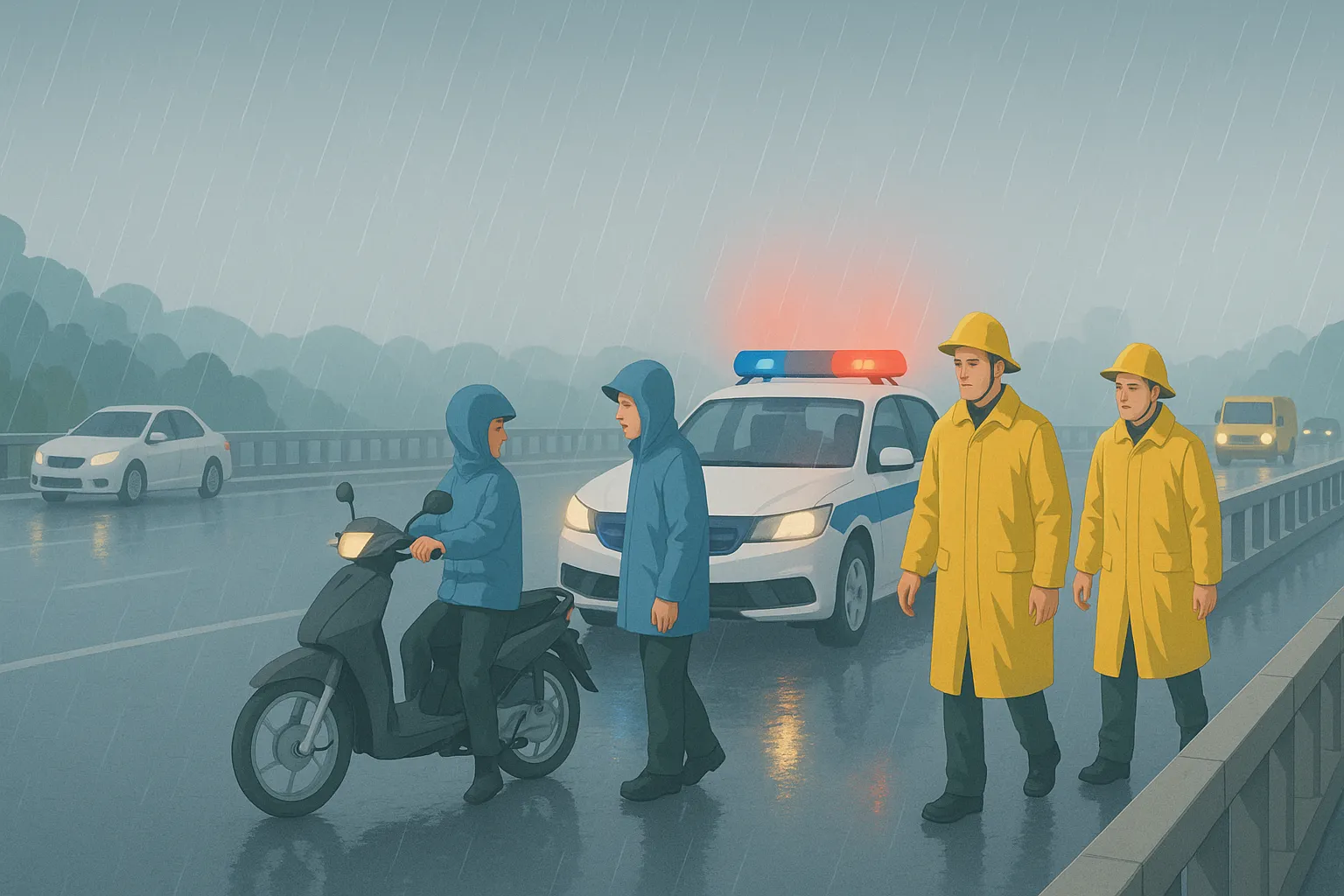 Dừng xe trên cầu mặc áo mưa bị xử phạt bao nhiêu?