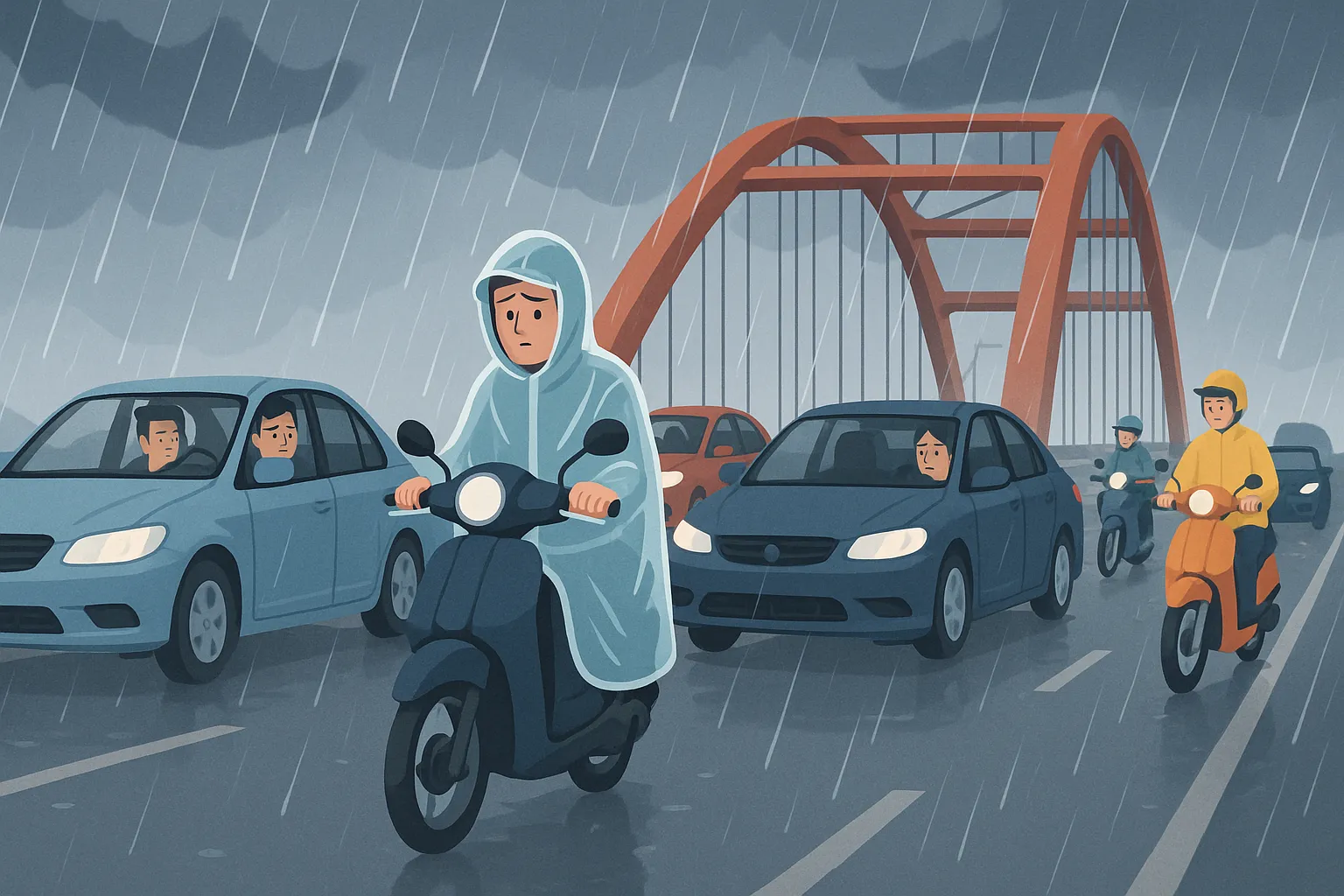 Dừng xe trên cầu mặc áo mưa có vi phạm pháp luật không?